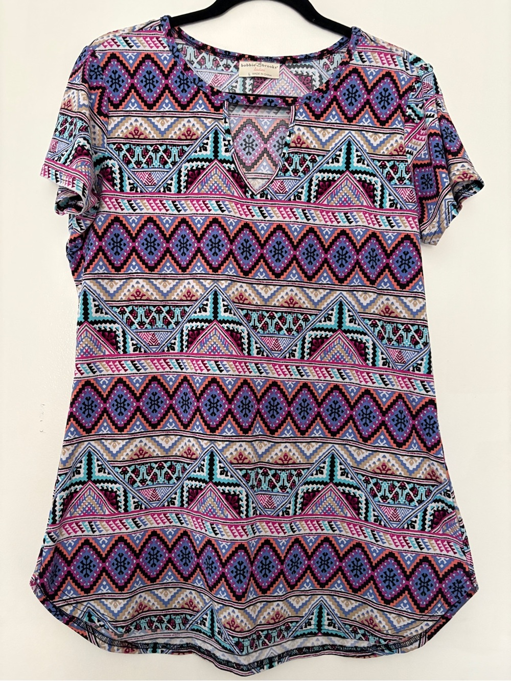 Bobbie Brooks Purple and Aqua Geo-Print Short Sleeve Top